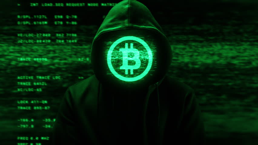 Anonymous hacker with hoodie and glitch bitcoin on face. Computer abstract digital code at the background. Dark web or darknet fraud. Cryptocurrency bitcoin mixer and p2p money concept