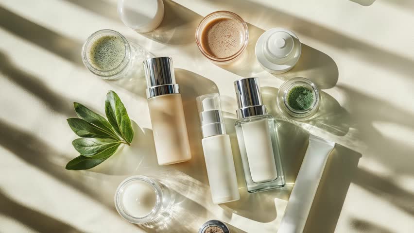 Natural Skincare Products Displayed With Green Leaves and Shadows