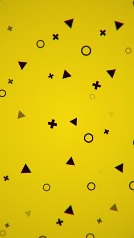Simple black and yellow geometric shapes motion background animation. Circles, triangles and plus signs in gentle motion. Vertical video.