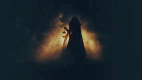 unrecognizable silhouette gothic woman ghost walking in dark dense fog forest hands hold lantern lamp illuminating mystical way. long black dress cape hood. Fantasy girl elf princess. Night nature. - Powered by Shutterstock - Get 15% off with code: PIKWIZARD15