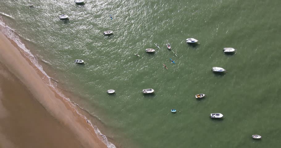 Drone footage of the beach of Bonanza, at the mouth of the Guadalquivir river. There are small fishing boats on the shore and some sport canoes, in the background you can see the Doñana Natural Park.
