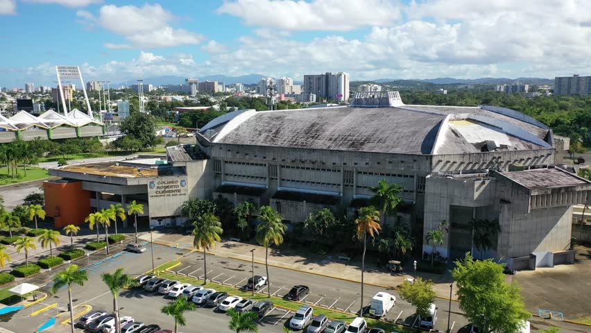 An aerial footage showing the Coliseo Roberto Clemente Walker Sports arena in San Juan, Puerto Rico
