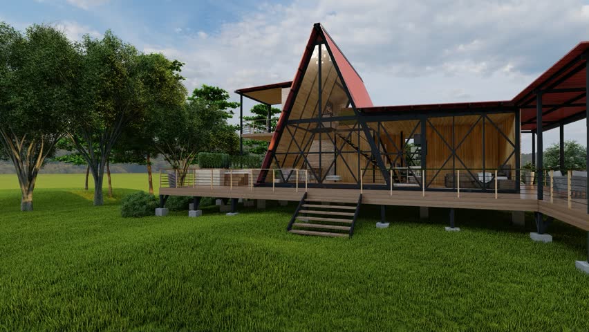 Alpine Family Cabin 3D Panoramic, Swiss Cabin Animation, Architecture Project, Tourism