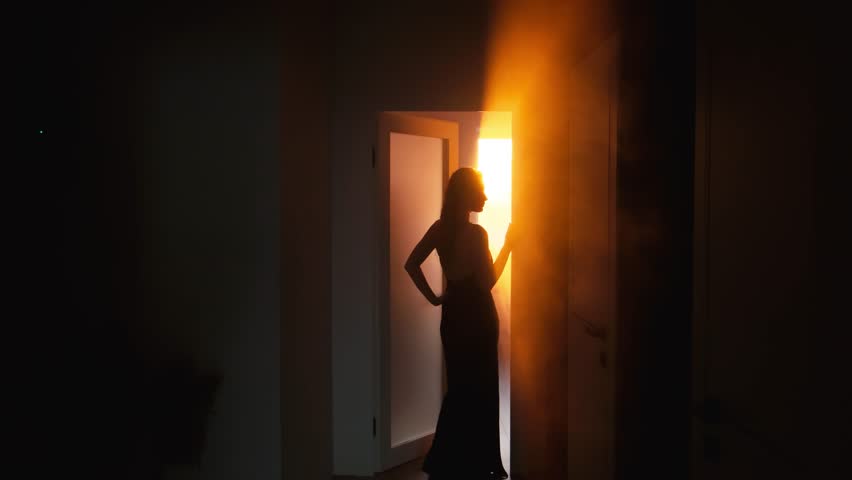 dark shadow silhouette of young woman in long black dress opens door with sun light rays sunset flare, elegance romantic adult girl standing in dark room. Gothic mystery lady back rear view. video 4k