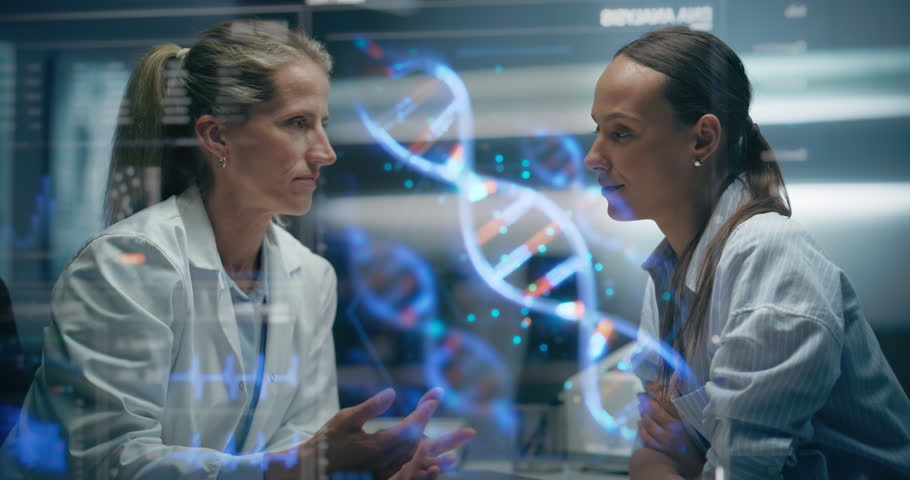 Physician And Patient Discuss Treatment with Projected DNA Helices Hologram. AI Molecular Epigenetic Hotspots And Protein-Binding Domains, Visualization Of Gene Expression, Targeted CRISPR Therapy
