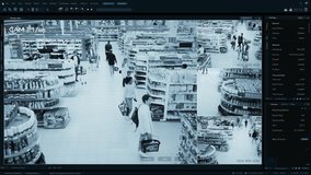 Mock-up CCTV Footage in Supermarket: People Shopping in a Grocery Store. Multiple Camera Shows Customers Browsing Shelves, Pushing Carts, and Moving Through the Store's Layout. - Powered by Shutterstock - Get 15% off with code: PIKWIZARD15