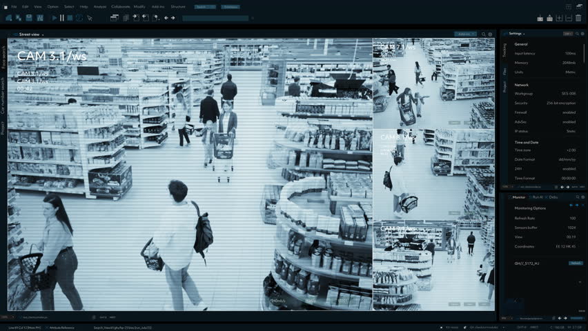 Advanced CCTV System Monitors Grocery Store Activity. Multiple Camera Angles Track Shoppers' Movements, Analyzing Traffic Patterns and Consumer Behavior in Real-time for Security and Retail Insights. - Powered by Shutterstock - Get 15% off with code: PIKWIZARD15