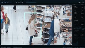 AI-powered Mock-up CCTV Footage in Supermarket: People Shopping in a Grocery Store. Multiple Camera Detect Suspicious Crime Activity, Activates Zoom in Theft Prevention Identity Analysis - Powered by Shutterstock - Get 15% off with code: PIKWIZARD15