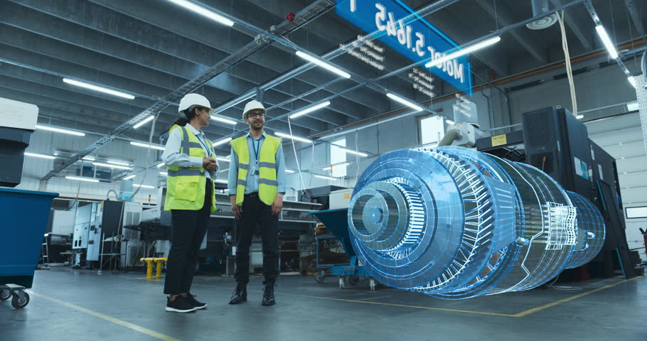 Engineers Examine Holographic Turbine Engine in High-tech Factory. Augmented Reality Display Shows Intricate 3d Model, Design and Analysis Processes for Advanced Manufacturing Innovation.