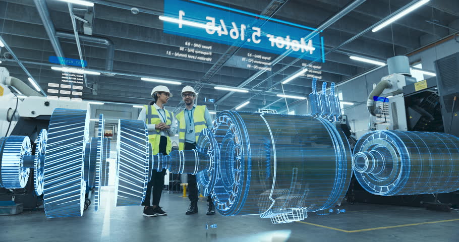 Engineers Examine Holographic Turbine Engine in High-tech Factory. Augmented Reality Display Shows Intricate 3d Model, Design and Analysis Processes for Advanced Manufacturing Innovation.