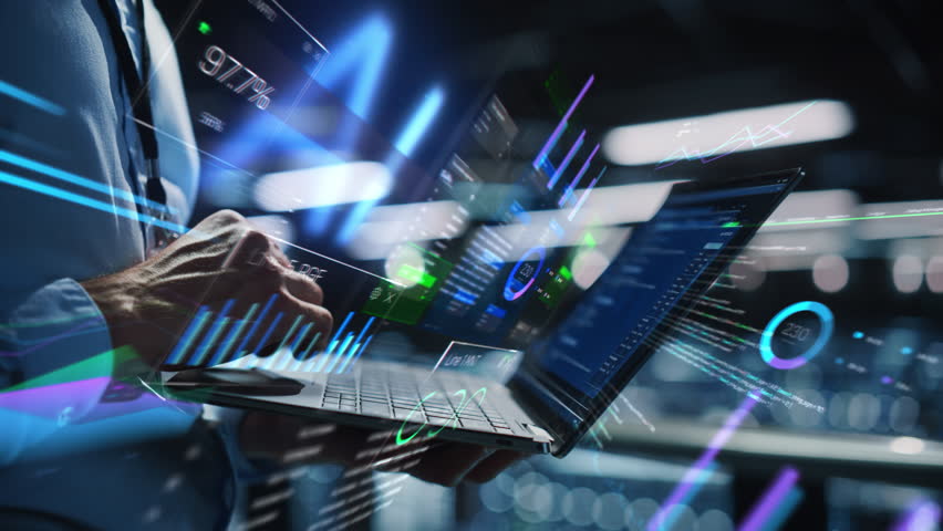 Businessman Interacts With Data Visualization on Laptop. Holographic Charts, Graphs, and Code Surround the Device, Advanced Technology and Data Analysis. Flow of Big Data, Growth and Productivity