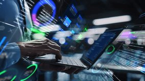 Businessman Interacts With Data Visualization on Laptop. Holographic Charts, Graphs, and Code Surround the Device, Advanced Technology and Data Analysis. Flow of Big Data, Growth and Productivity - Powered by Shutterstock - Get 15% off with code: PIKWIZARD15