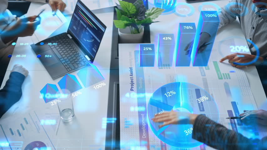 Top View of a Business Meeting With Interactive Holographic Data Visualizations. Professionals Analyze Charts, Graphs, and Percentages Projected. AI Technology in Modern Corporate Revenue Growth