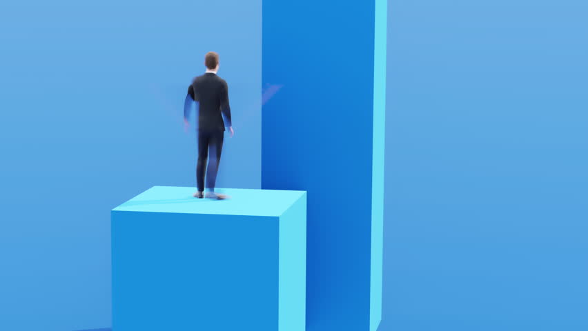 A businessman stands on a platform, gazing at a ladder leading to a higher level, symbolizing career growth and opportunity.