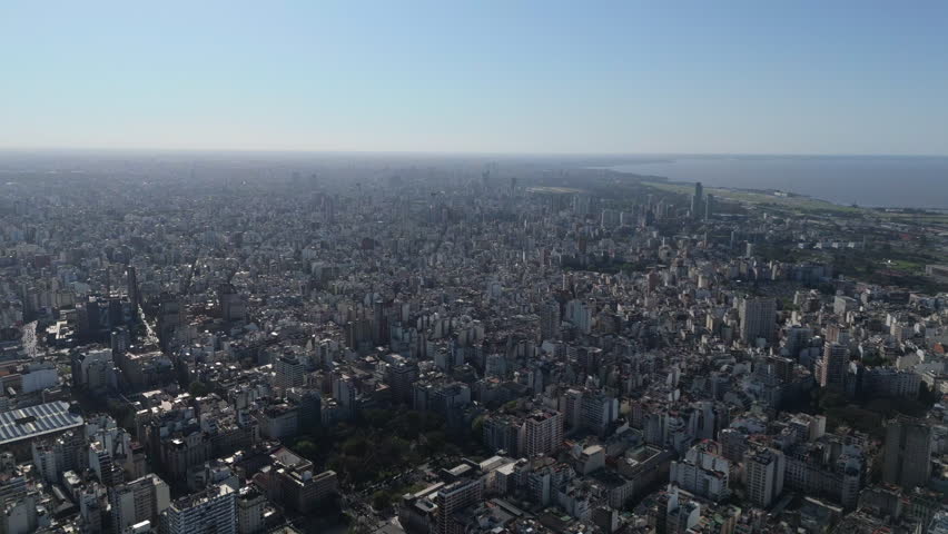 Wide aerial view of the immense, crowded metropolis of Buenos Aires, Argentina. 4k.