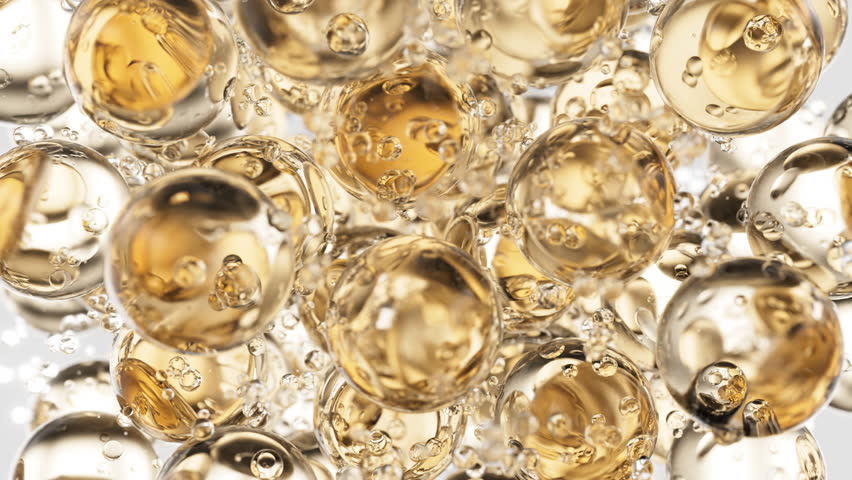 Gold cosmetic serum with liquid bubbles in a 3D abstract background. Hydrating essence gel enriched with collagen molecules. Moisturizing cream or oil for advanced skincare, beauty, and skin health. 