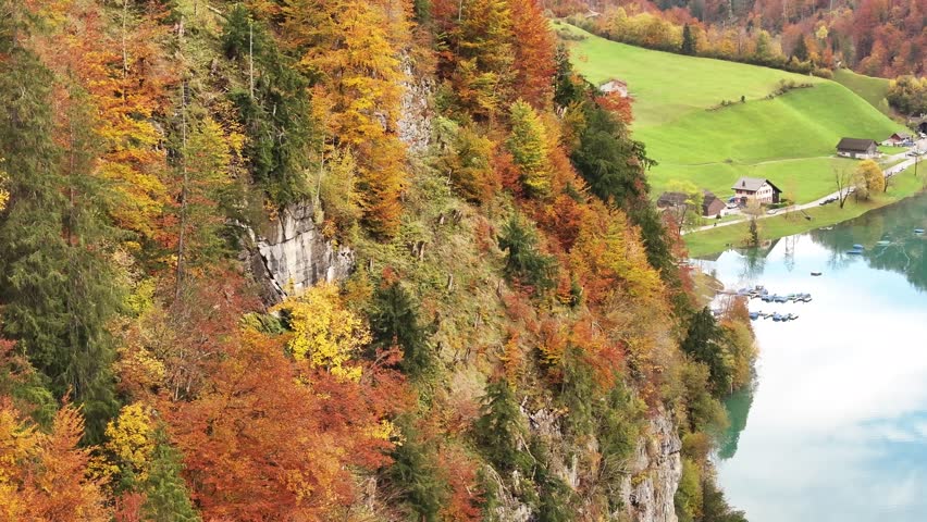 Colorful autumn trees on a steep cliffside overlooking Klöntalersee in Switzerland