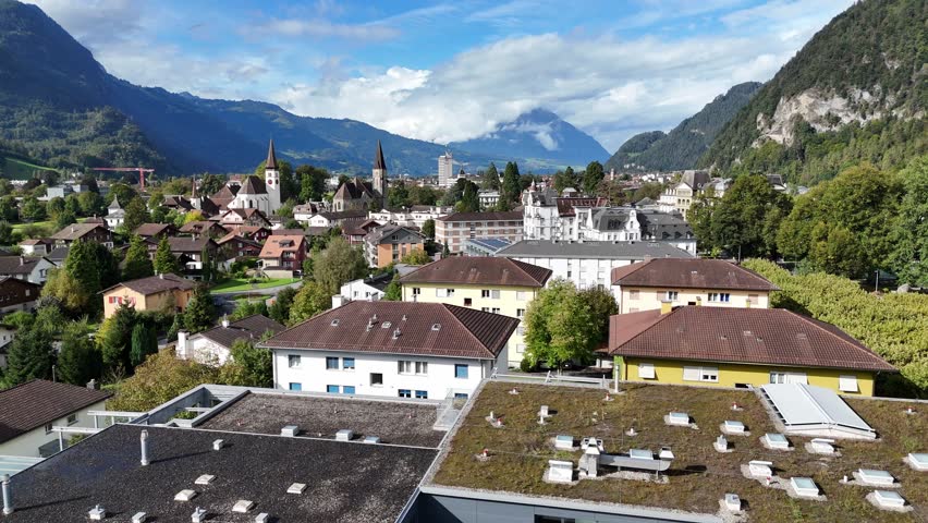 incredible scenic aerial toward downtown Interlaken, Switzerland