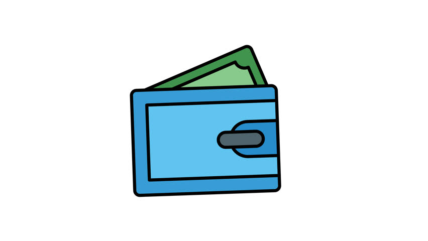 Animated blue wallet filled with green money sticking out, perfect for financial concepts, budgeting, savings, shopping, personal finance, and wealth management designs
