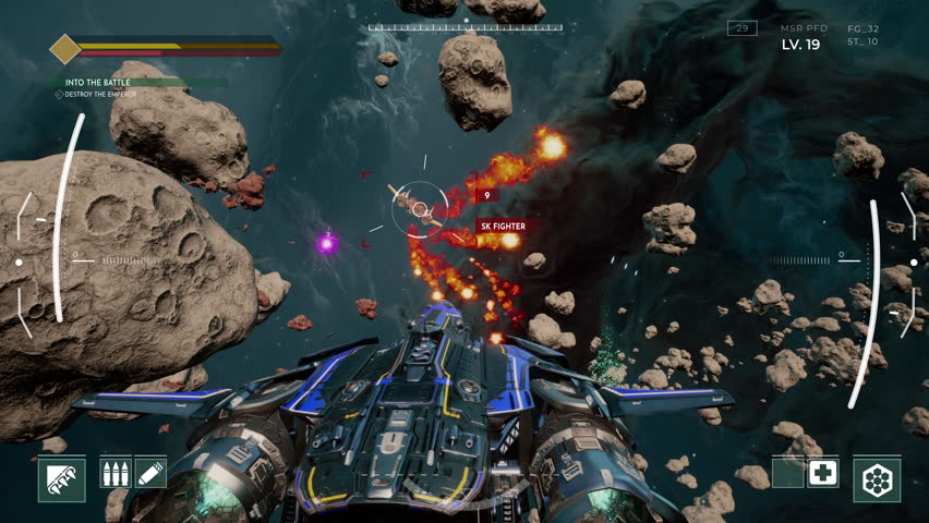 Defeat in the level of a single player futuristic sci-fi pc digital video game. Defeat in the interstellar battle in a pc game challenge. Defeat screen after starship explosion in a pc game.