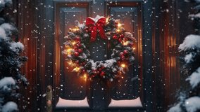 Enchanting snow-covered door adorned with a festive wreath - Powered by Shutterstock - Get 15% off with code: PIKWIZARD15