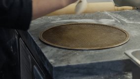 Cook Spreads Traditional Dough On Form For Pizza Preparation At Kitchen. Italian Pizza Dish Dough Ingredient Preparation. Making Pizza Dough. Italian Cuisine Food Preparation. Culinary - Powered by Shutterstock - Get 15% off with code: PIKWIZARD15