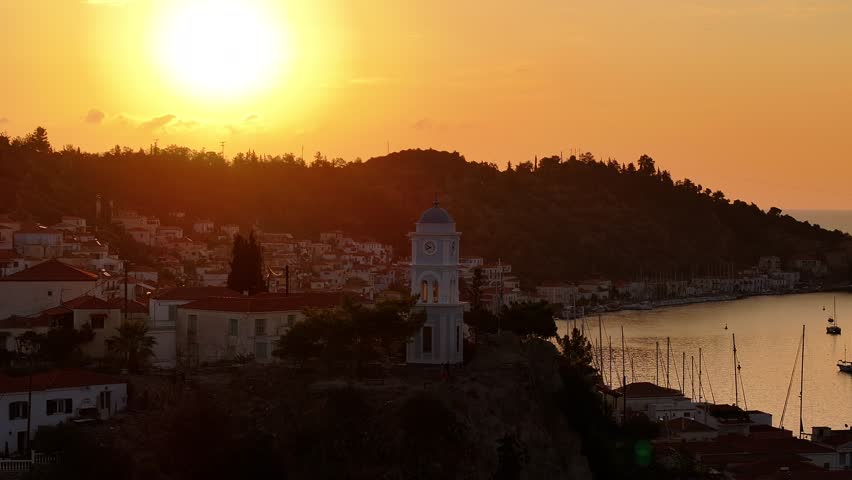 Poros island Greece. sailing yachts at the Aegean sea Aerial drone footage beautiful scene.luxury yachts life style.