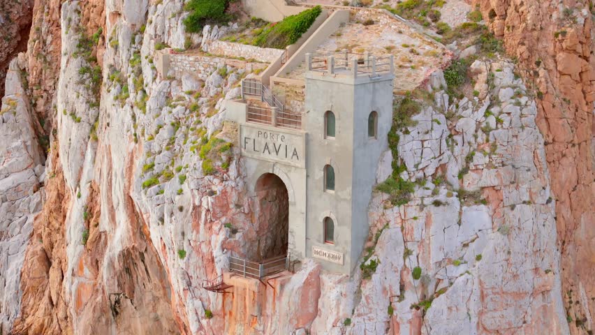 Aerial view of the historic mining port of Porto Flavia, Sardinia in Italy.