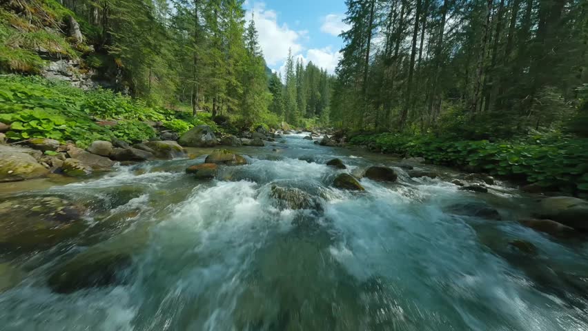 Flight over a mountain river. Shot on FPV drone. Tatra Mountains, Slovakia.