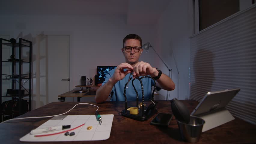 A man in glasses is Soldering power connectors and electronic parts in the workshop