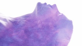 Vertical video. Esoteric portrait. Spiritual enlightenment. Purple mist in female silhouette double exposure isolated on white background. - Powered by Shutterstock - Get 15% off with code: PIKWIZARD15