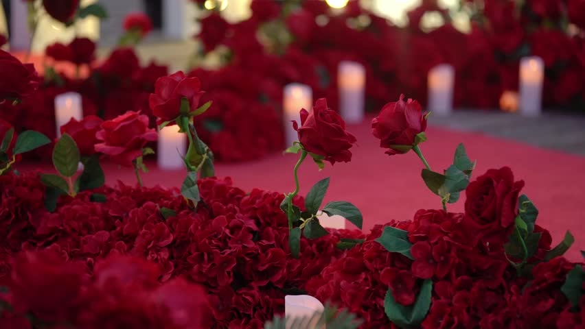 The vibrant red roses against an illuminated LOVE sign create a magnificent and romantic setting, perfect for capturing romance in visual content with adoration, affection, beauty, and passion