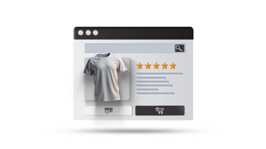 Online shopping and e-commerce application animation. T-shirt rating and adding to cart animation