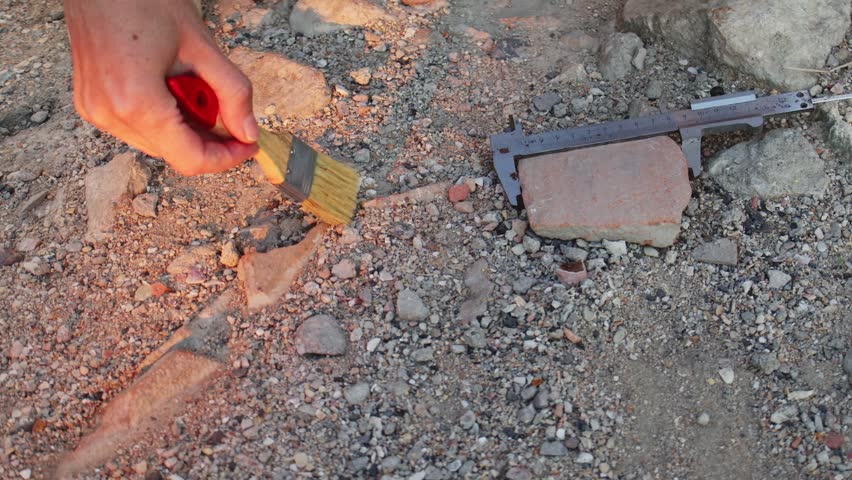 A female archaeologist at an excavation site cleans the stonework of an ancient wall with a brush
