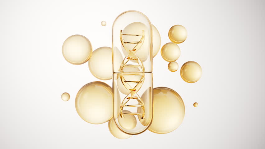 Medical capsule with golden bubbles background, 3d rendering. Motion graphic.