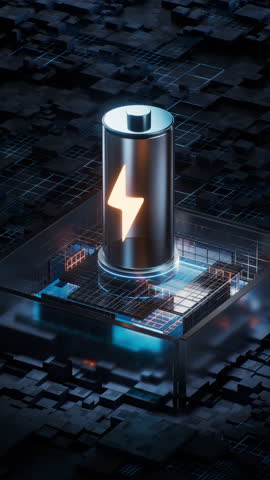 Battery with technological circuit background, 3d rendering. Motion graphic.