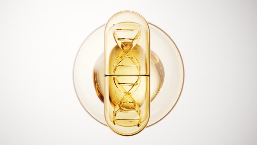 Medical capsule with golden bubbles background, 3d rendering. Motion graphic.