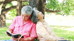 Elderly couple sitting under a tree relaxing in the garden and reading a book, sleeping and leaning against each other happily. - Powered by Shutterstock - Get 15% off with code: PIKWIZARD15