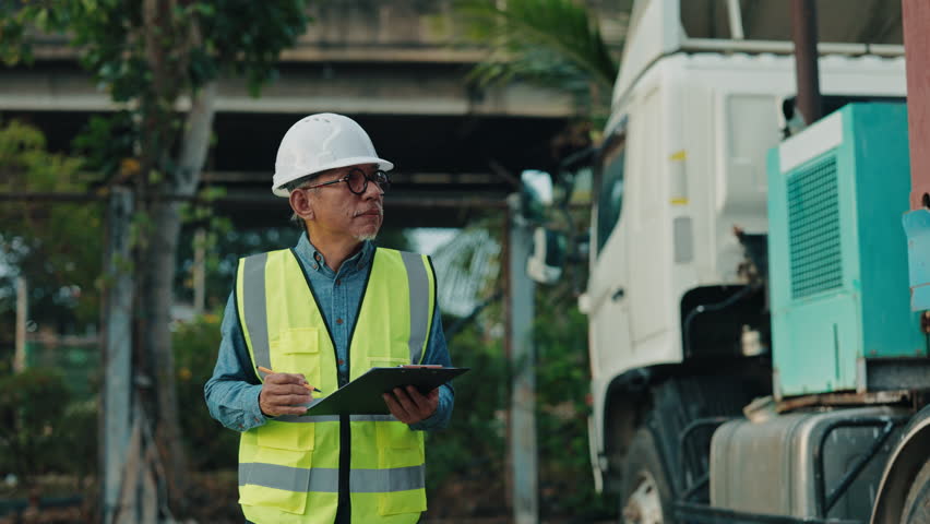 A safety officer evaluates the loading process of cargo trucks in a busy shipping yard, ensuring compliance with safety standards. Truck control