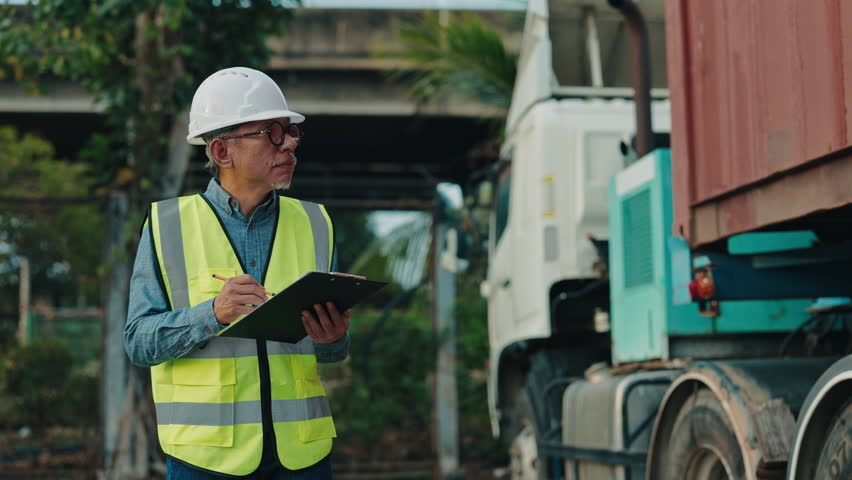 A safety officer evaluates the loading process of cargo trucks in a busy shipping yard, ensuring compliance with safety standards. Truck control - Powered by Shutterstock - Get 15% off with code: PIKWIZARD15