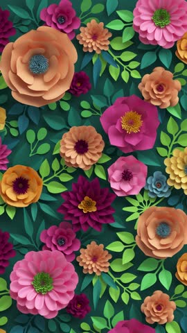 3d render, abstract botanical background vertical video, blooming live image, creative floral wallpaper, motion design, abstract pink peachy orange yellow paper flowers growing over dark green wall