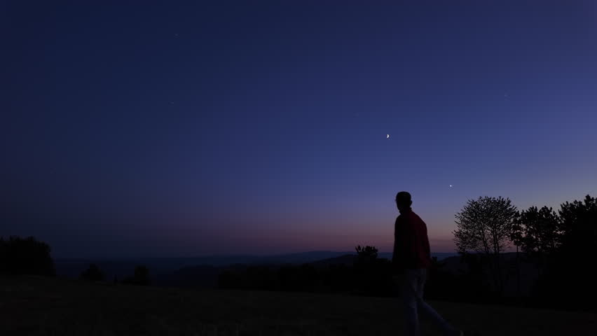 Silhouette of a man and countryside under the stars and Moonlight.