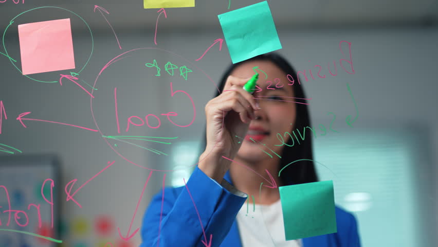 Female entrepreneur brainstorming ideas on a clear board, using sticky notes for project strategy and business goals