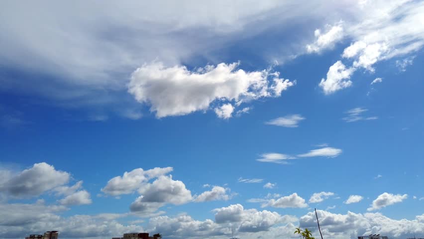 Time-lapse white and black Cloud in Blue sky. A thin city line in the bottom. Side to side two directional cloud movement. HD footage