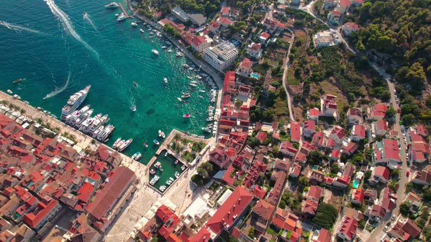 Aerial View Of Boats Docked At Port Of Hvar On Island Of Hvar, Croatia.