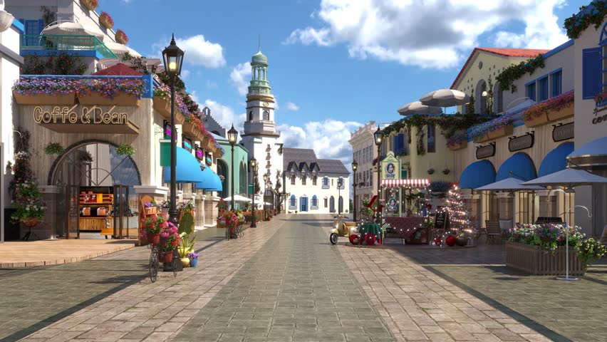 A Mediterranean town with cobblestone streets, colorful shops, and cafes under blue awnings. A tall clock tower with a blue-and-white dome adds charm to this inviting atmosphere