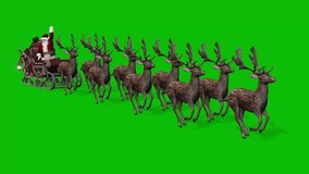 Santa Claus sitting on christmas sleigh, sled, and waving hi, with reindeers running, on green screen 3D animation loop, perspective view from above - Powered by Shutterstock - Get 15% off with code: PIKWIZARD15