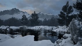 Winter scene with small lake, snow falling, pine trees, forest, snowed mountains, and grey clouds, 3D animation camera closer - Powered by Shutterstock - Get 15% off with code: PIKWIZARD15