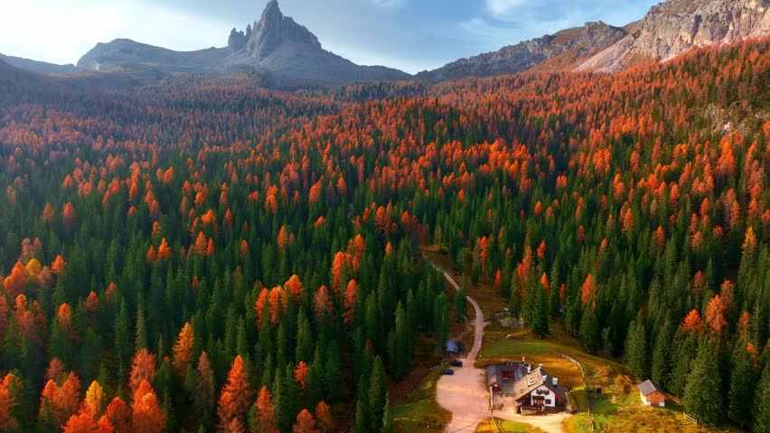 Aerial drone view of autumn forest in the Dolomites, hiking in Italian Alps near Cortina d Ampezzo, travel in Dolomite mountains Italy.