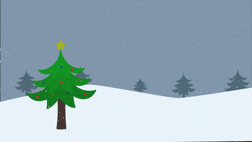 2D animation of a Christmas tree with twinkling lights outdoors in a snowy setting, with snow gently falling. Ideal for holiday greetings, festive videos, and winter-themed projects.